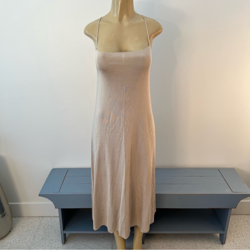 Zara Ribbed Midi Dress Sz L Gold Beige Sleeveless A-line